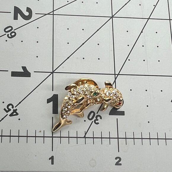 Gold Tone Dolphin Pair Clear Rhinestone Lapel Pin Green Red Rhinestone Eyes - Picture 7 of 7